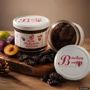 Rum Pflaumen Kuchengläser mit einzelnen getrockneten Pflaumen auf einem Holztisch